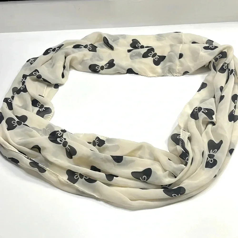 Mesh bow infinity scarf black bows cream or light tan scarf see through fall